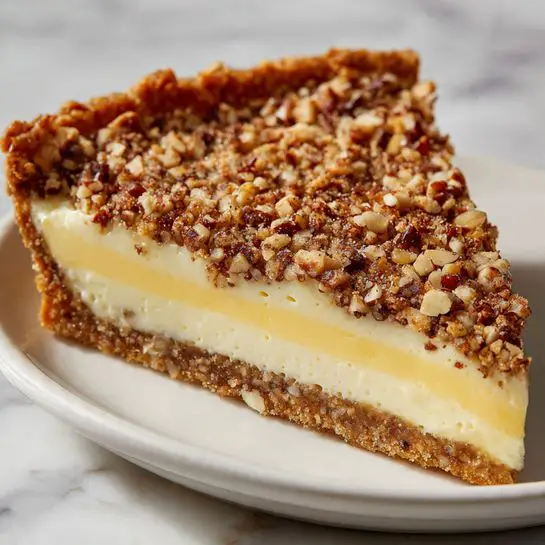 A slice of pie with three distinct layers sits on a white plate with a white marbled surface. The bottom layer is a thin golden crust, supporting a thick creamy middle layer that is pale yellow with a smooth texture. On top, there is a dense, crunchy layer filled with chopped nuts, mostly brown with some light beige bits, creating a rough texture and a rich, toasted color. The pie slice is slightly angled, showing the layers well, with soft light enhancing the details. Photo taken with an iphone --ar 4:5 --v 7
