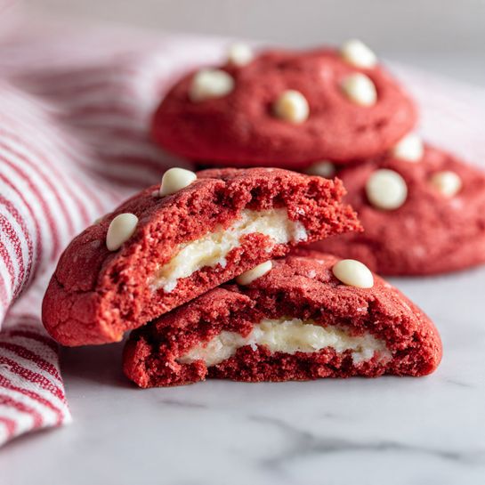 A close-up view of a red cookie with white chips on top, split in half to show its creamy white filling inside. The cookie dough outside is thick and soft with a rich red color, and the white chocolate chips give a smooth texture on the surface. Behind the split cookie, two whole red cookies with white chips rest on a white marbled surface. The scene includes a red and white striped cloth on the left side, adding a touch of color contrast. The photo has a bright and clear look, showing the soft and creamy layers of the cookie. photo taken with an iphone --ar 4:5 --v 7