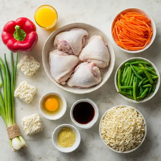 The image shows raw chicken thighs placed in a white bowl in the center. Around the bowl are fresh vegetables and ingredients: a red bell pepper on the left, green onions on the upper right tied together, chopped green beans on the right, and shredded carrots below the green beans. There are two small white bowls in front of the chicken bowl, one with yellow powder and the other with a dark liquid sauce. A small white dish with minced garlic rests near the bowls. Two blocks of uncooked instant noodles are at the bottom left. Between the noodles is a raw egg. A glass of orange liquid is placed on the upper left corner. All these items are arranged on a white marbled textured surface. Photo taken with an iphone --ar 4:5 --v 7
