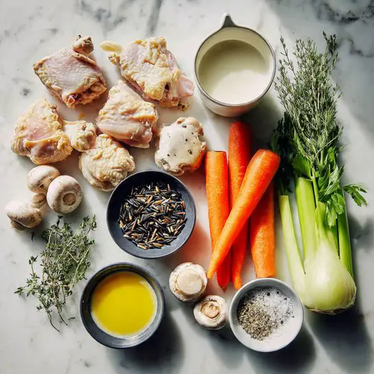 The image shows a top view of neatly arranged cooking ingredients on a white marbled surface. On the bottom right, there is a white plate holding three raw chicken breasts with a smooth, pale pink texture. Surrounding this plate are nine small white bowls and clear glass measuring cups holding various ingredients: bright orange sliced carrots in an oval white bowl below the chicken; diced white onions in a small bowl bottom left; a mix of wild rice in a bowl above the onions, with a mix of long grains in brown, black, and white colors; pale green chopped celery in a round white bowl top right; three whole garlic cloves in a tiny bowl near the center; a small bowl containing dried herbs including a green leaf at the top right; a bowl of white flour to the left of the carrots; a small bowl with salt and pepper on the bottom left; and two clear glass measuring cups filled with a creamy white liquid and a light golden broth, placed bottom right and top left respectively. The ingredients are well lit, displaying natural colors and simple textures with no props, on a clean surface. Photo taken with an iphone --ar 4:5 --v 7