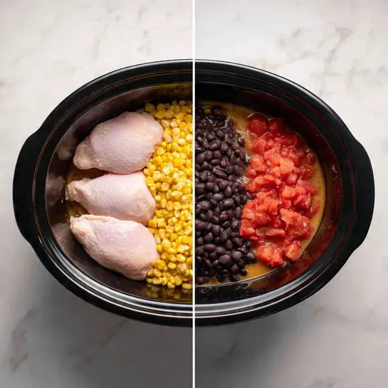 The image shows two side-by-side views of a black slow cooker on a white marbled surface. In the left view, there are two raw pale pink chicken pieces placed side by side, filling most of the slow cooker. In the right view, the same chicken pieces are partially covered with bright yellow corn kernels piled on the left side, dark black beans in the center, and red diced tomatoes on the right, all sitting in a light brownish liquid that covers part of the ingredients. Photo taken with an iphone --ar 4:5 --v 7