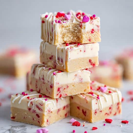 The image shows a stack of six square fudge pieces on a white marbled surface. Each fudge piece has two visible layers: a bottom layer that is light beige with small red bits mixed throughout, and a thick top layer that is creamy white with more scattered red bits inside. The top surface of each fudge square is decorated with thin white drizzle lines and sprinkled with small pink and red round sprinkles, along with a few tiny heart-shaped sprinkles for decoration. One fudge square at the top shows a bite taken out of it, revealing the two layers and texture clearly. Photo taken with an iphone --ar 4:5 --v 7