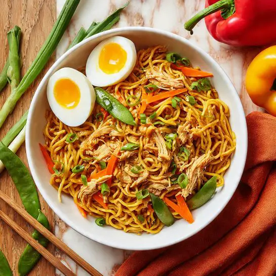 A white bowl filled with a large serving of yellowish-brown noodles mixed with shredded chicken pieces, orange carrot sticks, green snap peas, and small chopped green onions scattered on top. Two halves of a soft-boiled egg with bright yellow yolks rest on the noodles. The bowl sits on a wooden surface with a white marbled texture under it, surrounded by green onion stalks, a red bell pepper, wooden chopsticks, and green snap peas. An orange cloth is draped on one side. Photo taken with an iphone --ar 4:5 --v 7