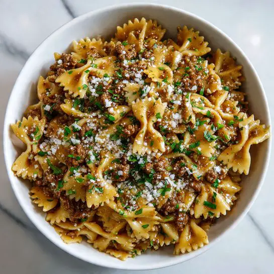 Cheesy Bowtie Pasta with Ground Beef and Garlic Butter Sauce Recipe