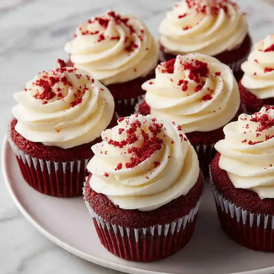 The image shows eight red velvet cupcakes arranged closely on a white plate, each cupcake wrapped in a silver liner. Each cupcake has one layer of deep red cake topped with a thick swirl of creamy white frosting, styled in a spiral pattern. Scattered on top of the frosting are small red cake crumbs, giving a sprinkled effect. The background features a white marbled texture. photo taken with an iphone --ar 4:5 --v 7