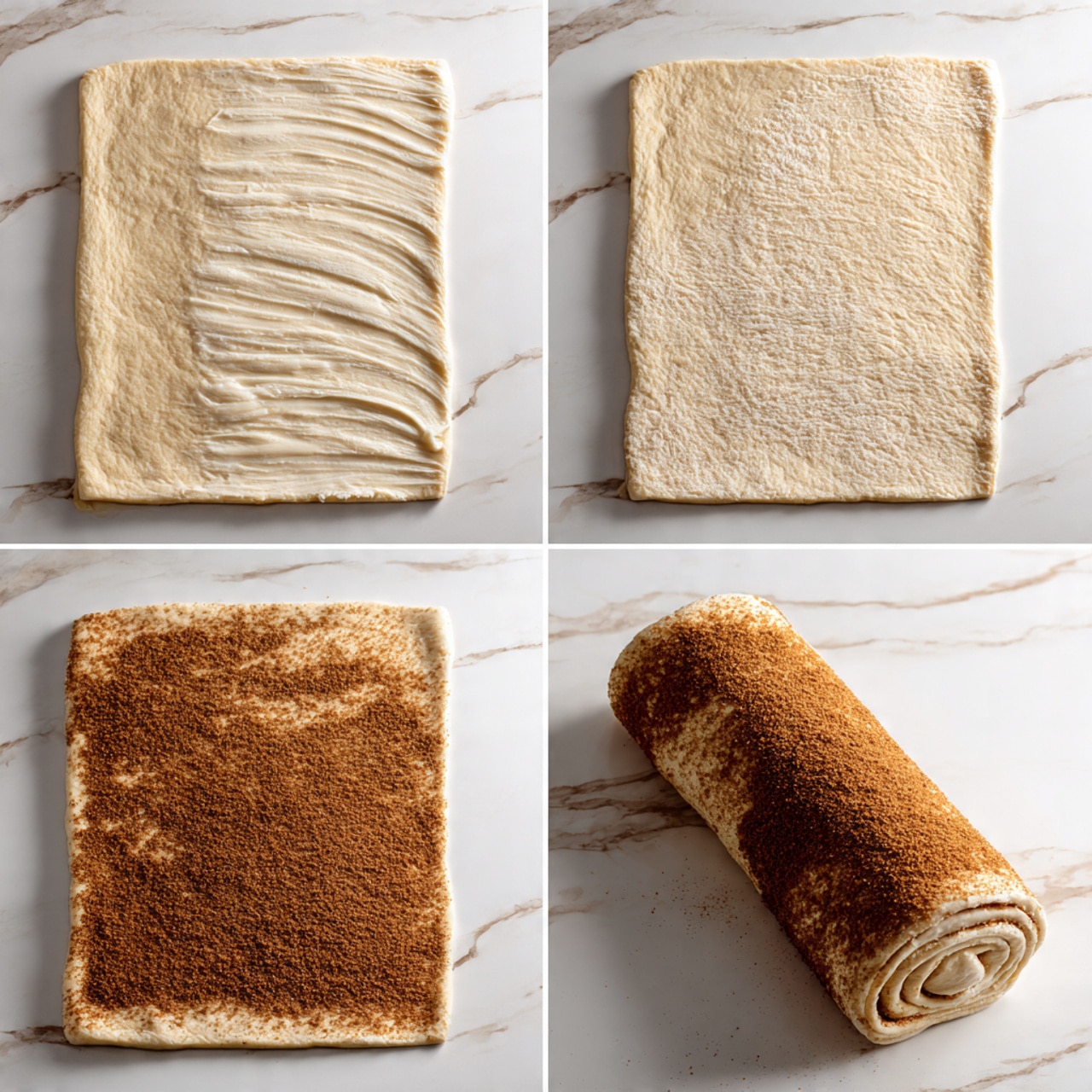 The image shows a four-step process of preparing cinnamon roll dough on a white marbled surface. The first layer is a rectangular sheet of light beige dough, evenly rolled out flat with a slightly floured texture. The second layer shows the same dough with a thin, glossy spread of butter or oil over its surface, giving it a shiny appearance. The third layer evenly covers the dough with a brown cinnamon sugar mixture, creating a coarse, grainy texture across the rectangular shape. The last layer shows the dough starting to roll up from the bottom edge, forming a tight cylinder with the cinnamon sugar visible and the dough slightly lifted in a spiral shape. Photo taken with an iphone --ar 4:5 --v 7