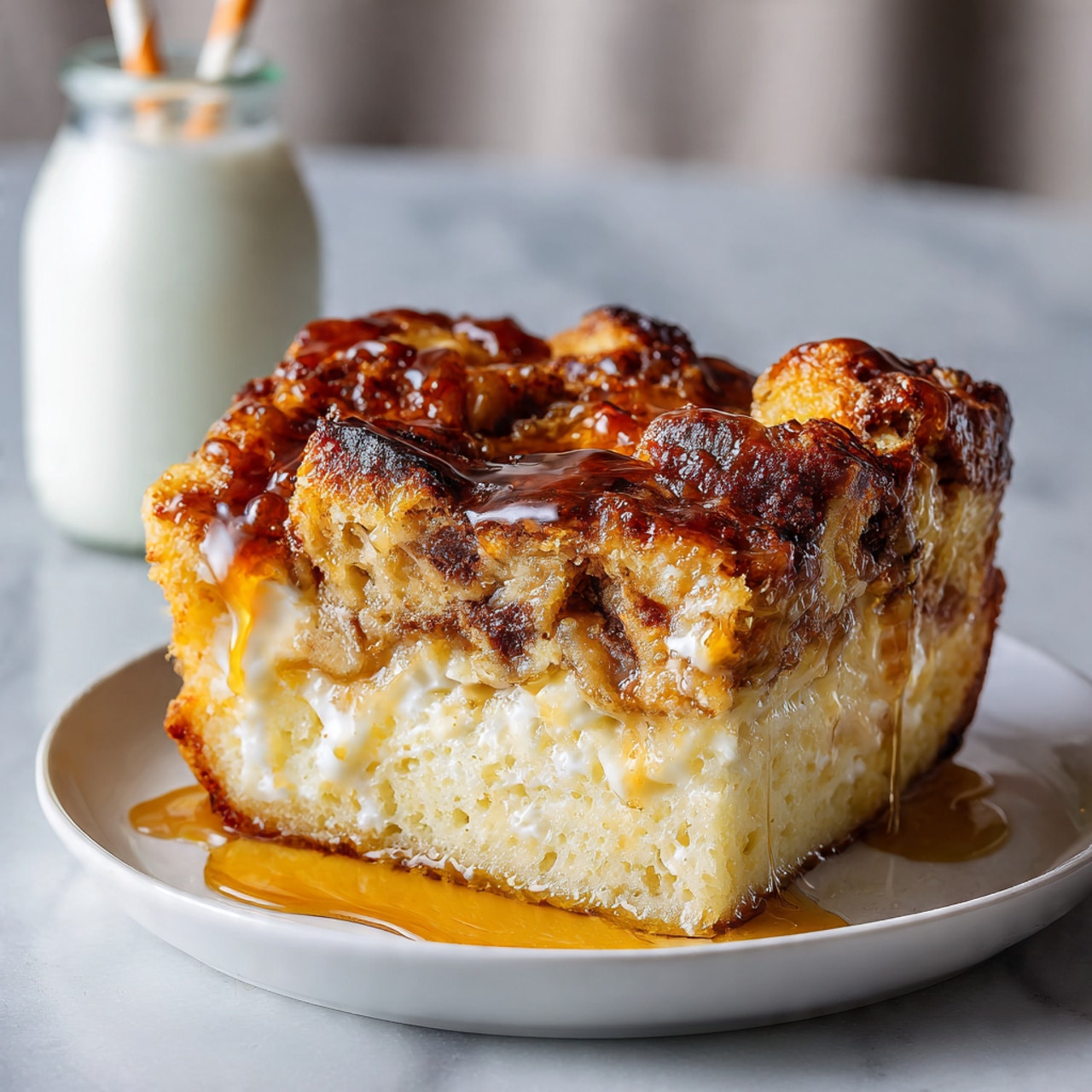 The image shows a thick slice of bread pudding on a white plate. The bottom layer is light golden and soft with a sponge-like texture. Above it, there is a denser and creamier layer that looks moist and slightly yellow. The top layer is a rich, deep brown with a shiny glaze and caramelized, crispy bread pieces breaking the smooth surface. Syrup is drizzled around the pudding on the plate, adding a shiny golden highlight. In the blurred background, a small glass bottle of milk with two paper straws is visible, placed on a white marbled surface. photo taken with an iphone --ar 4:5 --v 7