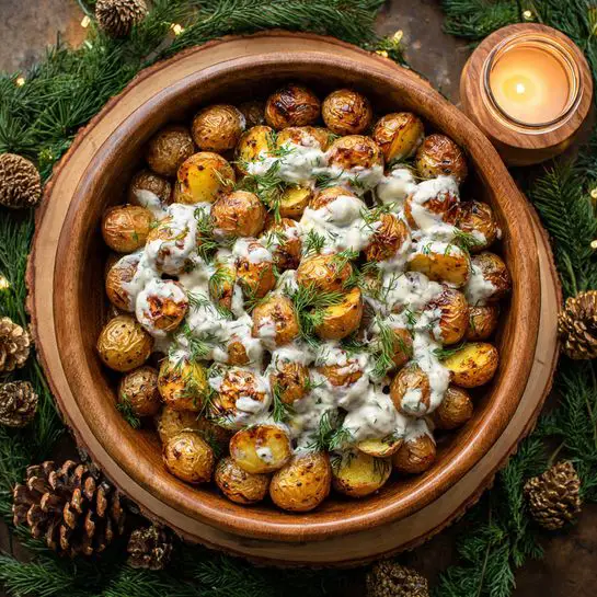A wooden bowl filled with a layered dish of roasted small potatoes that are golden brown and some with dark brown skins, all halved showing a soft, textured inside. The potatoes are covered with a creamy white sauce that drapes unevenly over the top and sides. Fresh green dill is sprinkled generously on top of the sauce, adding a touch of color and texture contrast. The bowl sits on a wooden round slice, surrounded by pine cones and green pine branches, with a lit candle in the background, set against a dark wood surface with a festive, rustic ambiance. photo taken with an iphone --ar 4:5 --v 7