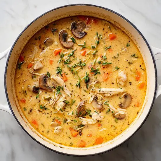 A white round pot filled with a creamy orange soup base, scattered with shredded white chicken pieces, small bright orange carrot cubes, and browned mushroom slices. The soup has a slightly oily surface with fresh green herb sprigs sprinkled throughout. The inside edges of the pot show use with some browned marks. The pot is placed on a white marbled surface. photo taken with an iphone --ar 4:5 --v 7