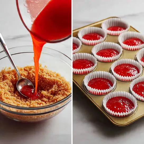 The left side shows a clear glass bowl with a mix of a crumbly light brown layer and a bright red liquid being poured over it from a red container, with a silver spoon resting inside the bowl. On the right side, a gold muffin tray with white paper liners is filled with smooth, bright red batter being scooped into the liners using a metal ice cream scoop, all placed on a white marbled surface. photo taken with an iphone --ar 4:5 --v 7