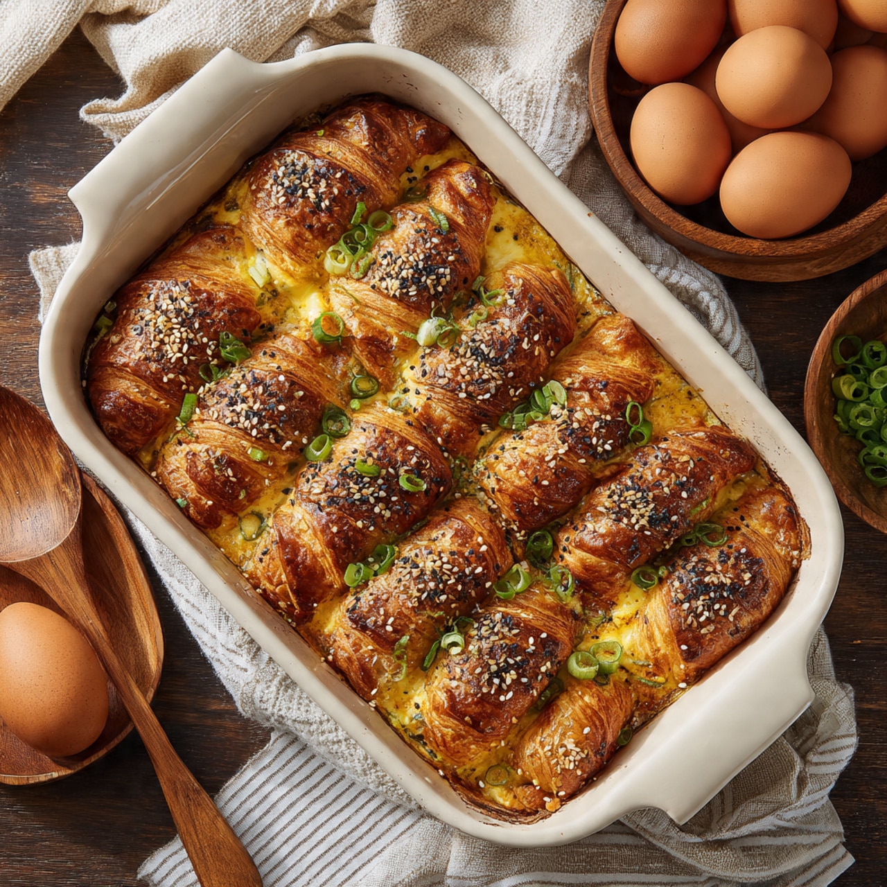 The dish shows eight golden brown croissants layered evenly in a white baking dish filled with a creamy egg mix that has a light yellow color and slightly browned edges. The croissants have a crisp, flaky texture with a glossy finish, topped with black and white sesame seeds along with spices, giving a speckled look. Scattered green onions add a fresh green touch over the croissants and the creamy layer around them. The baking dish sits on a dark wooden surface next to a bowl with brown eggs and a wooden bowl with more green onions. A white and beige striped cloth and a wooden spoon are gently placed on the side. The scene has a warm and cozy feel, focused on the rich textures and colors of the croissants and creamy base photo taken with an iphone --ar 4:5 --v 7