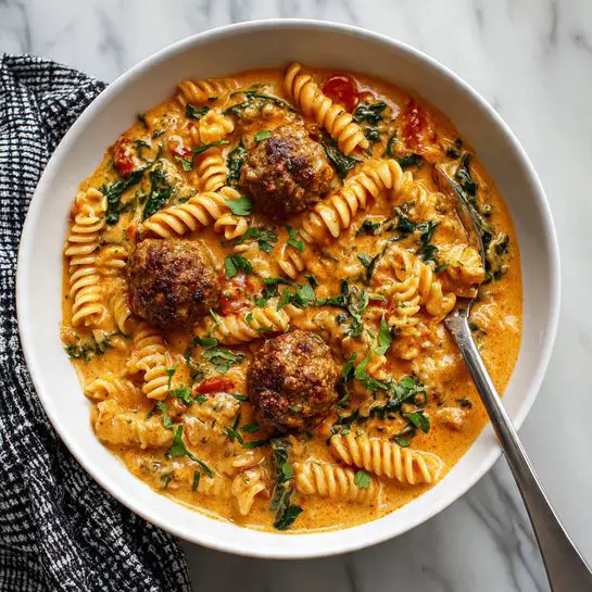 A white bowl filled with a creamy orange sauce containing three brown meatballs and several pieces of spiral-shaped pasta. Small green herbs are sprinkled on top, adding contrast to the warm colors of the dish. The sauce looks smooth with chunks of tomato and leafy greens mixed in. A silver spoon is inside the bowl, resting on the pasta and meatballs, and the bowl sits on a white marbled surface with a black and white checkered cloth nearby. Photo taken with an iphone --ar 4:5 --v 7