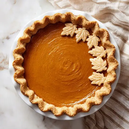 The image shows a pumpkin pie in a white pie plate with a crimped golden-brown crust forming a wavy edge around the pie. The filling is smooth and deep orange-brown with subtle spiral ridges on the surface. On one side of the pie, there are ten small, light beige pastry leaf shapes arranged in a semi-circle, adding a decorative touch. The pie is placed on a surface with a white marbled texture, and a light brown and white striped cloth is partly visible in the top right corner. photo taken with an iphone --ar 4:5 --v 7