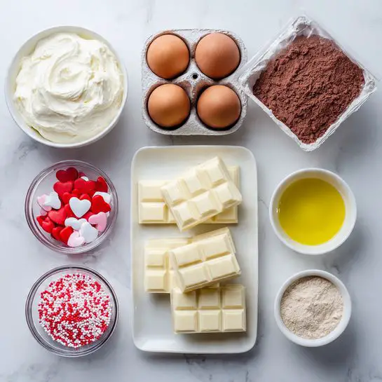 The image shows seven baking ingredients placed on a white marbled surface. There is a small white bowl filled with thick white cream near the top left. To its right, a white egg carton holds three brown eggs. Below the cream, a rectangular white tray contains eight blocks of white chocolate. To the right of the chocolate, a small white bowl holds a yellow liquid, likely oil. Below these, a clear small glass bowl is filled with red, pink, and white heart-shaped sprinkles. Next to it on the left, a clear plastic bag contains light brown powder, probably cocoa or cake mix. Finally, near the bottom right, there is an empty small white bowl. Photo taken with an iphone --ar 4:5 --v 7