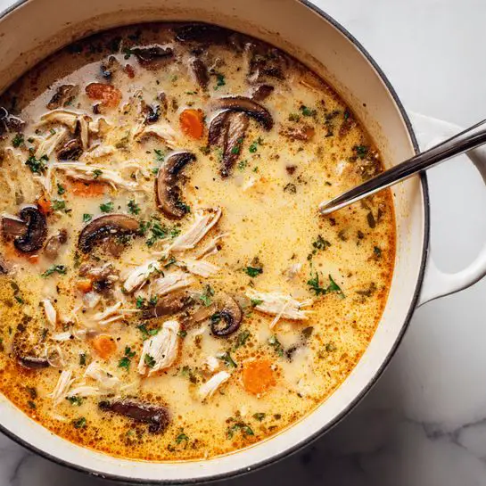 A white pot filled with creamy soup showing different layers: at the top, dark browned mushrooms scattered around, mixed with shredded white and light brown chicken pieces, small orange carrot cubes, and some chopped green herbs sprinkled evenly. The soup broth is a light orange color with a smooth, slightly thick texture visible near the edges. A metal spoon with a long handle is placed inside the pot. The background shows a white marbled texture. photo taken with an iphone --ar 4:5 --v 7