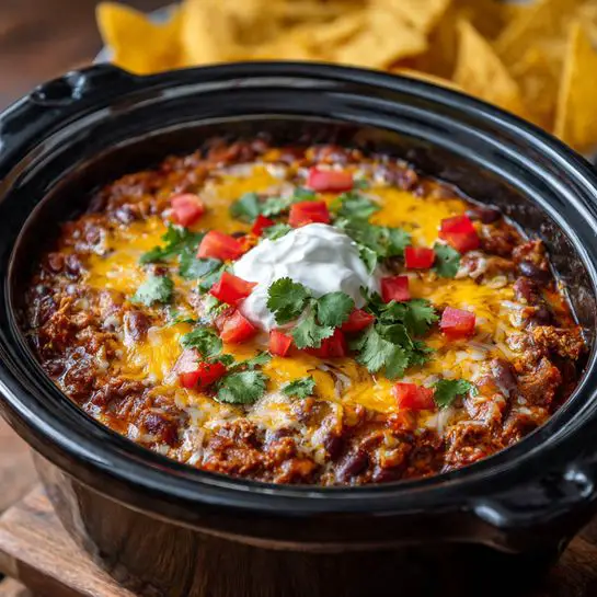A black crockpot filled with a layered baked dish that includes a base of chunky red sauce with visible beans and shredded meat, covered by melted golden yellow and white cheese that is slightly browned in spots. On top, there are small fresh diced red tomatoes, bright green cilantro leaves, and a dollop of white sour cream placed in the center. The dish has steam rising gently from it, showing it is hot and fresh, all set on a wooden surface with blurred yellow tortilla chips in the background. photo taken with an iphone --ar 4:5 --v 7