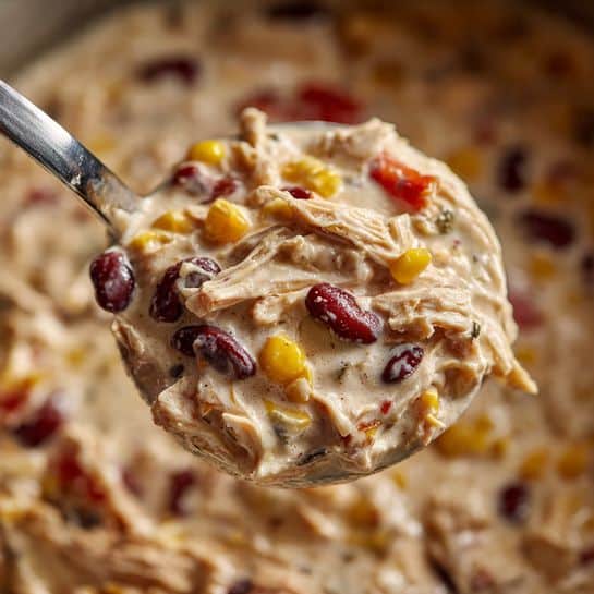 The image shows a thick creamy mixture ladled out, with visible layers of shredded light beige chicken, bright yellow corn kernels, dark red beans, and small pieces of red tomato all mixed in a smooth, pale sauce. The texture is rich and dense, highlighting the layers blending together but each ingredient is still distinguishable. The background is the white marbled texture of the container holding the dish, and a metal ladle is lifting a large spoonful from the pot. The focus is close up on the colorful and creamy mixture photo taken with an iphone --ar 4:5 --v 7