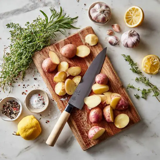 The image shows a wooden cutting board placed on a white marbled surface, with various potato pieces cut into halves and quarters scattered on the board. The potato pieces have reddish and light brown skins with pale yellow insides. A sharp knife with a light beige handle and black collar lies diagonally on the board, with some potato pieces resting near the knife blade. Around the cutting board, fresh green herbs, lemon wedges, garlic, and small bowls containing salt, pepper, and other spices are arranged neatly. The scene is bright and clean, focusing on the natural colors and textures of the ingredients. photo taken with an iphone --ar 4:5 --v 7