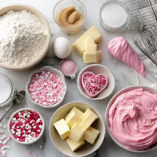 A close-up shows cookie dough mixed with red candies and dark chocolate chunks in a large silver bowl with flour dust around the edges; a gray spatula stirs the dough. In the next scene, a woman's hands press the same dough into a white heart-shaped pan using the gray spatula, spreading the colorful dough evenly. The background features a white marbled texture. photo taken with an iphone --ar 4:5 --v 7