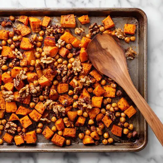 A baking tray filled with a mix of roasted cubed orange sweet potatoes, light brown chickpeas, and walnut halves. The sweet potatoes have a slight char on some edges, giving a textured look, mixed evenly with the smooth, round chickpeas and the rough, uneven walnuts. A wooden spoon is placed on the right side of the tray, touching the roasted mix. The tray rests on a white marbled surface. photo taken with an iphone --ar 4:5 --v 7