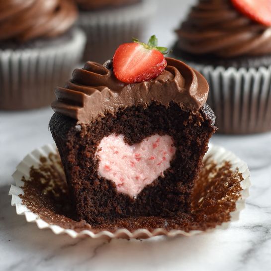 This image shows a close-up of a dark chocolate cupcake with three visible layers. The bottom layer is moist and rich dark brown chocolate cake. In the middle, there is a pink creamy filling shaped like a heart, textured with small bits inside. The top layer is a smooth, shiny dark chocolate frosting spread thickly. A small red strawberry piece sits on top as decoration. The cupcake wrapper is unwrapped and lying flat on a white marbled surface. In the background, there are blurred cupcakes of the same kind. Photo taken with an iphone --ar 4:5 --v 7