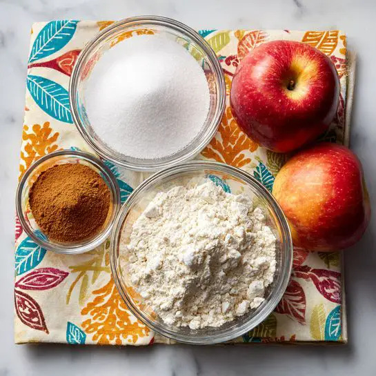 The image shows four items arranged on a colorful cloth with leaf and flower patterns, placed on a white marbled surface. There are three clear glass bowls: the largest bowl in the bottom center holds white flour with a fine, powdery texture. Above it to the left is a medium bowl filled with white sugar, which has a granular texture. To the right of the sugar bowl is a small bowl with brown cinnamon powder, showing a soft and smooth texture. On the far right side of the cloth rests a whole red apple with a shiny skin. The photo taken with an iphone --ar 4:5 --v 7