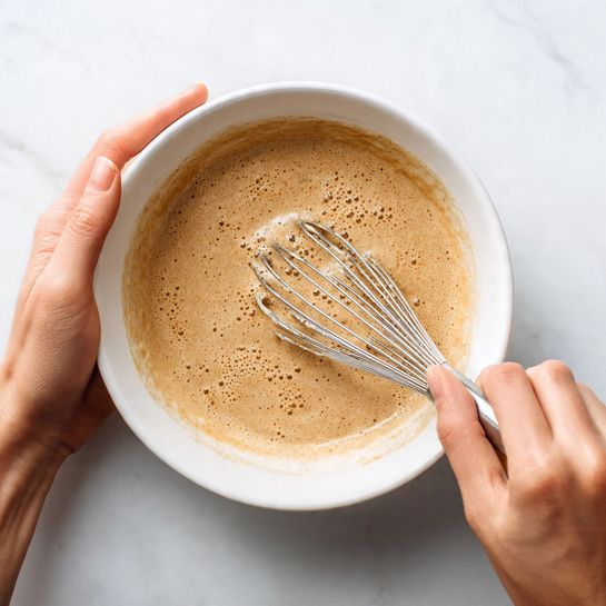 A close-up image shows a white bowl filled with light brown batter that has a smooth, slightly bubbly texture. A woman's hand is holding a small metal whisk, stirring the batter gently on the right side of the bowl. The bowl sits on a white marbled surface, adding a clean and bright background to the scene. The batter surface reflects soft light, showing its creamy consistency. photo taken with an iphone --ar 4:5 --v 7