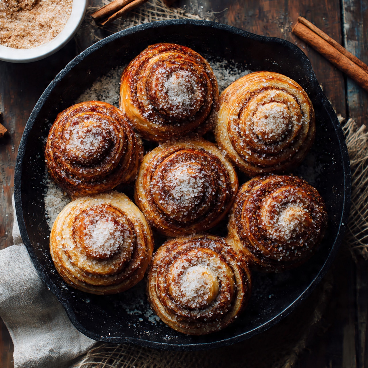 Seven round cinnamon pastries with a spiral shape sit closely together on a black skillet. Each pastry has many thin, curved layers showing a mix of light golden brown and darker brown shades, giving a crispy texture. The tops are sprinkled with a fine layer of white sugar, which adds a slight sparkle. Pieces of cinnamon sugar are scattered lightly around the skillet's edge. The skillet is placed on a dark wooden surface with part of a white bowl filled with cinnamon sugar visible in the top left corner, adding a cozy touch. photo taken with an iphone --ar 4:5 --v 7