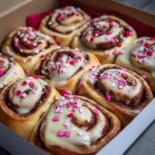 This image shows a close-up of a box filled with twelve swirled cinnamon rolls. Each roll has two clear layers: a bright red dough wrapped around a dark brown cinnamon filling. The top of the rolls is covered with a creamy white icing that partly drips down the sides. On top, there are small colorful sprinkles shaped like hearts, dots, and stars in shades of pink, red, and white, scattered all over the rolls, adding a festive touch. The rolls are tightly packed together with smooth, soft textures and a fresh look. photo taken with an iphone --ar 4:5 --v 7