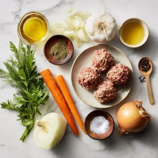 The image shows a collection of ingredients all placed on a white marbled surface. There is a large white bowl filled with cooked meatballs, standing out with their dark browned texture. Nearby, a white bowl holds fresh, bright green spinach leaves with visible veins. A smaller white bowl contains finely chopped white onions, showing a crisp, moist texture. Next to it, another white bowl holds dry spiral pasta in a golden yellow color. A can of crushed red tomatoes is open with a rich red, slightly chunky texture. A small white bowl has pale yellow minced garlic, textured and moist. Beside it is another small white bowl filled with mixed dried herbs that look green and brown. A white ceramic cup houses a golden light yellow olive oil with a smooth surface. Lastly, a clear glass measuring cup contains a golden brown broth, smooth and translucent. Photo taken with an iphone --ar 4:5 --v 7