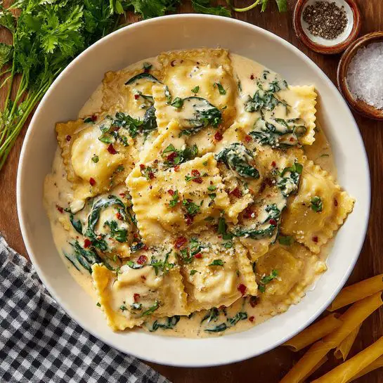 Close-up of creamy pasta with three layers: a thick light beige sauce with visible herbs, green spinach leaves, and sun-dried tomatoes. The pasta pieces are large, curly, and smooth, mixed well in the sauce. A wooden spoon holds some pasta and sauce in the center, showing the sauce’s creamy and slightly shiny texture. The background is a white marbled texture. photo taken with an iphone --ar 4:5 --v 7