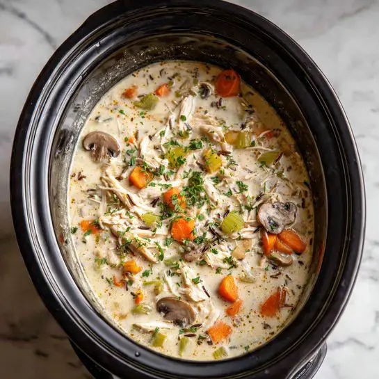 A slow cooker filled with a creamy soup that has visible layers of shredded light beige meat, orange carrot slices, thin light brown mushroom slices, dark wild rice grains, and green celery pieces all mixed in a pale cream-colored broth. The soup is garnished with small green herb pieces scattered throughout. The slow cooker is silver with a black inner pot. It is placed on a white marbled surface. photo taken with an iphone --ar 4:5 --v 7