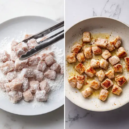 The image is split into two parts. On the left side, there are many small meat cubes covered in a light layer of white flour, with a metal tong holding one cube. The meat pieces are pale pink beneath the flour. On the right side, the same meat cubes are cooked in a white pan, showing a golden brown color with some crispy edges, sitting in a small amount of oil. The pan surface has some light browning from cooking. The background under the pan has a white marbled texture. photo taken with an iphone --ar 4:5 --v 7