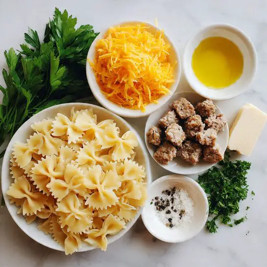 A large white pot with blue handles sits on a wooden board on a white marbled surface. Inside the pot, there is a thick layer of chopped white onions spread at the bottom right side, a cluster of minced meat placed on the upper left, and a small pile of minced garlic near the onions. Next to the pot on the board are several clear glass bowls and containers: a bowl of uncooked farfalle pasta in the center, a bowl of shredded yellow cheese on the bottom left, a small container with red powder spice beside it, and two small clear shakers with black and white lids. To the right of the board is a large clear measuring cup filled with dark brown liquid, and to the left of the board is a similar cup of white liquid. A gray and white striped kitchen towel is folded and positioned near the left side of the pot. Photo taken with an iphone --ar 4:5 --v 7