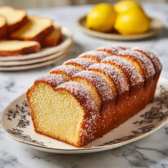 The image shows a rectangular cake with six rounded, evenly spaced top sections, each covered with a layer of coarse sugar crystals giving a sparkling texture. The cake has a light brown, soft inner crumb with a slightly darker, golden-brown crust on the sides and bottom. It is placed on a white plate with a delicate black floral pattern around the edge, all set on a white marbled surface. In the blurred background, there is a round white plate with more cakes and some yellow fruits. Photo taken with an iphone --ar 4:5 --v 7