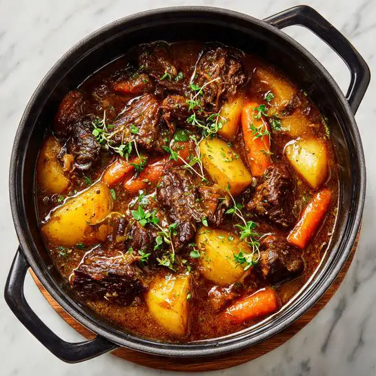 A black pot filled with rich brown stew showing large chunks of dark brown cooked beef, soft golden potato pieces, and bright orange carrot slices, all mixed in thick brown gravy. Small sprigs of fresh green herbs are scattered on top of the stew, adding a fresh touch. The pot sits on a wooden base, with the white marble surface lightly visible around it. photo taken with an iphone --ar 4:5 --v 7