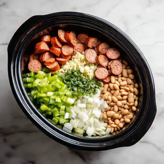 The image shows a black slow cooker filled with six neat layers of different ingredients. At the bottom left, there are light brown dry beans with a smooth texture. Above the beans, there are thick slices of orange sausage with a slightly shiny surface. To the right of the sausage, there is a pile of finely chopped white onions. Next to the onions is a mound of slightly creamy minced garlic. Below the garlic and onions are small, evenly diced bright green bell peppers. Above the bell peppers is a heap of light green celery pieces sliced in crescent shapes. The slow cooker sits on a white marbled surface. Photo taken with an iphone --ar 4:5 --v 7