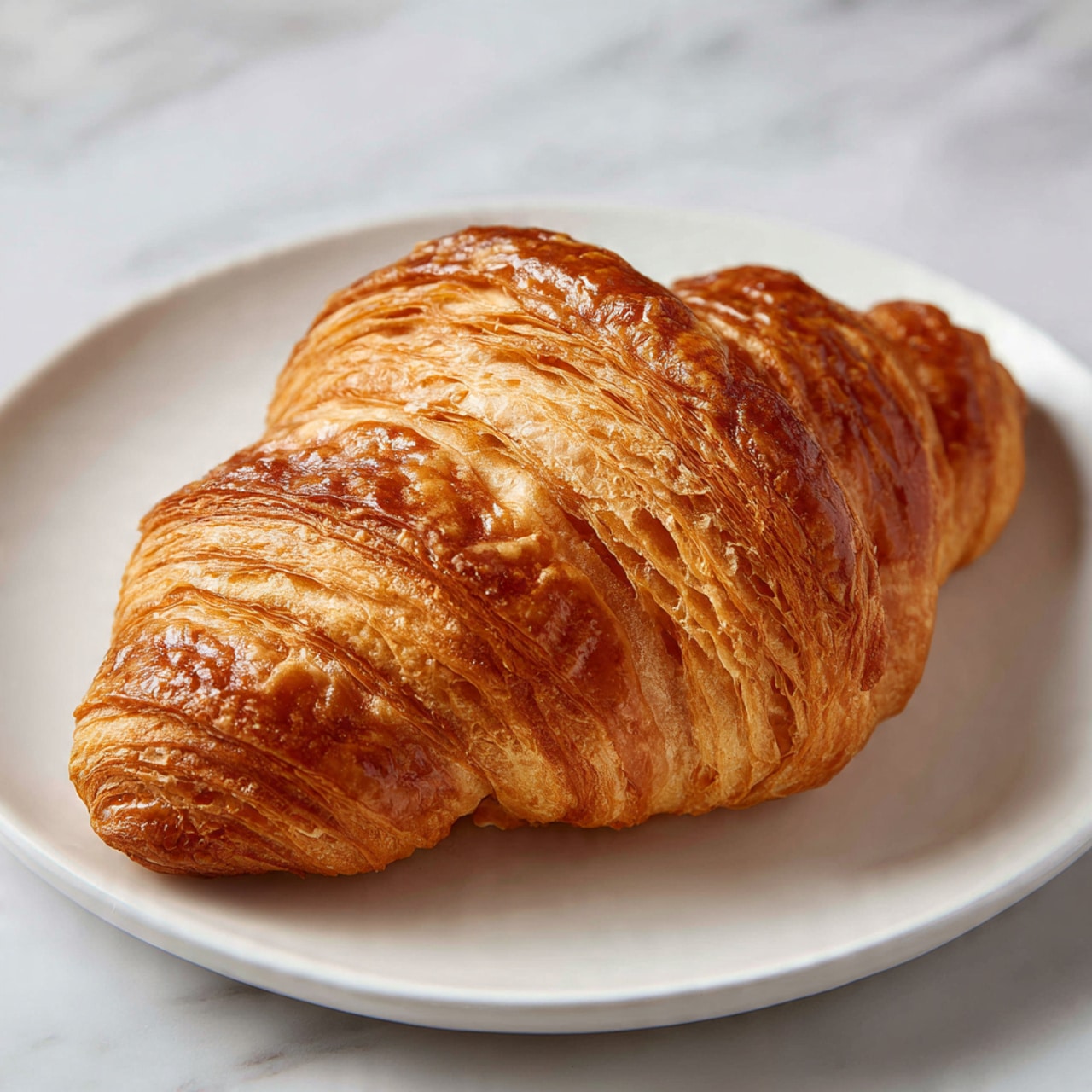 A golden-brown croissant sits on a simple white plate, showcasing its flaky, layered texture with a glossy, slightly crisp outer crust. The pastry is curved into a crescent shape with visible folds and a soft, buttery interior peeking subtly at the center where the layers slightly separate. The plate rests on a white marbled surface, which adds a clean and elegant background to the warm tones of the croissant. photo taken with an iphone --ar 4:5 --v 7