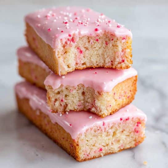 The image shows a close-up of three stacked pink bars with a soft texture. Each bar has a thick layer of light pink glaze on top that looks smooth with small bits mixed inside. The top bar has a bite taken from its corner, revealing the dense but tender crumb inside. The bars are stacked neatly on a white marbled surface, showing the different shades of pink in both the glaze and the cake layers. Photo taken with an iphone --ar 4:5 --v 7