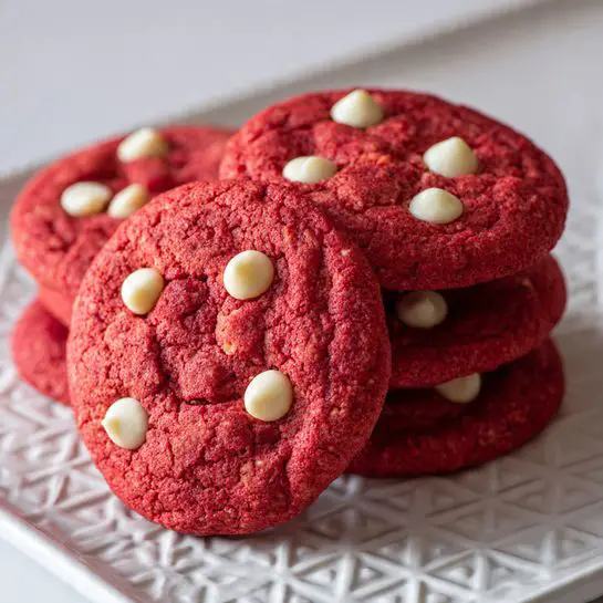 Five thick, round red cookies with a soft, slightly cracked texture, each studded with several white chocolate chips scattered unevenly across their surfaces. The cookies are placed closely together on a white marbled textured tray with a geometric pattern of raised diamond shapes. The red of the cookies contrasts sharply with the white chips and the light gray-white background. The image is focused closely on the cookies, showing their rich color and chunky texture. photo taken with an iphone --ar 4:5 --v 7