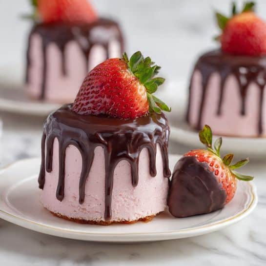 The image shows a small, round, two-layer cake with smooth, light pink frosting covering the entire cake. The top layer is covered with thick, shiny dark chocolate glaze that drips down the sides in uneven, natural shapes. On top of the cake, there is a large strawberry dipped halfway in the same dark chocolate, with the red berry and green leaves visible above the chocolate. Next to the cake, on a white plate with a white marbled surface, lies another strawberry also dipped in dark chocolate. In the background, two more similar cakes are visible slightly out of focus. Photo taken with an iphone --ar 4:5 --v 7