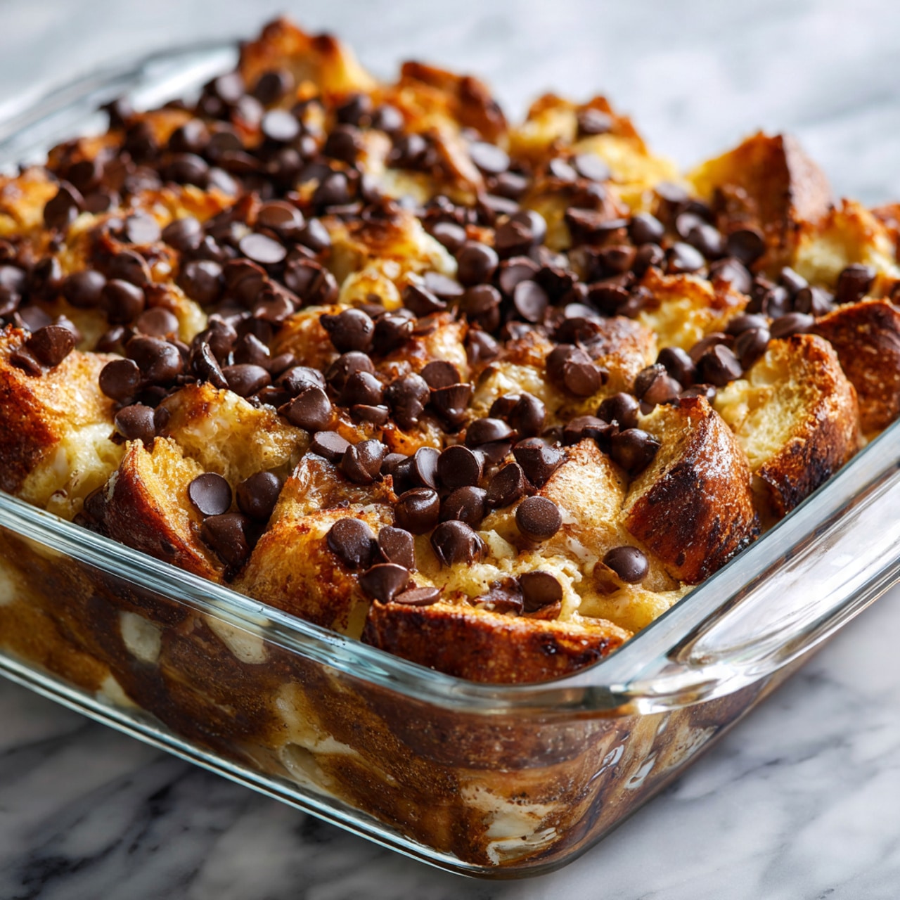 The image shows a close-up of a baked dish in a clear glass square baking dish sitting on a white marbled surface. The dish has several layers of toasted, golden-brown bread chunks with a soft, fluffy inside. These bread pieces are covered with many small, round, dark chocolate chips that look melted and shiny in some spots. The top layer is uneven with bread pieces poking out through the chocolate chips, giving a rich and textured look. Light reflects off the glass dish edges showing the warm baked colors inside. The photo taken with an iphone --ar 4:5 --v 7