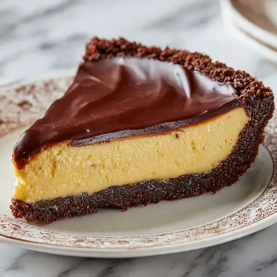 A close-up slice of pie shows three layers: the bottom layer is a crumbly dark brown crust with a rough texture, the middle layer is a thick, smooth, pale yellow filling with slight creamy ridges, and the top layer is a shiny, rich dark brown chocolate glaze spread evenly with a glossy finish that slightly curves down the edges. The pie slice is placed on a white plate with a delicate brown pattern, set on a white marbled surface. Photo taken with an iphone --ar 4:5 --v 7