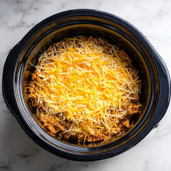 The image shows a black slow cooker filled with a single visible layer of shredded food covered with a layer of melted cheese on top. The shredded food underneath is light brown, and the melted cheese on the top is a mix of yellow and orange shades, evenly spread across the surface. The slow cooker is placed on a white marbled surface with a neutral background, and there is no other item or hand in the frame. photo taken with an iphone --ar 4:5 --v 7
