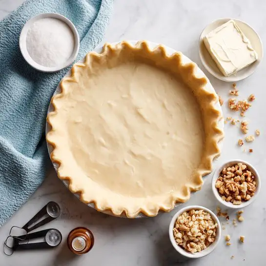 A round pie pan holds an unbaked pie crust with a light beige color and wavy edges that rise slightly above the rim. Around the pan, six small white bowls and containers are arranged on a white marbled surface: one bowl contains white granulated sugar, another holds a block of smooth white cream cheese, one has light brown chopped nuts, another contains a cream-colored liquid, a small black measuring spoon set is placed near the bottom left, and a small portion of a brown bottle is seen on the bottom right. A soft blue textured cloth is partly visible on the upper left. The scene is bright and clean with soft shadows visible. photo taken with an iphone --ar 4:5 --v 7