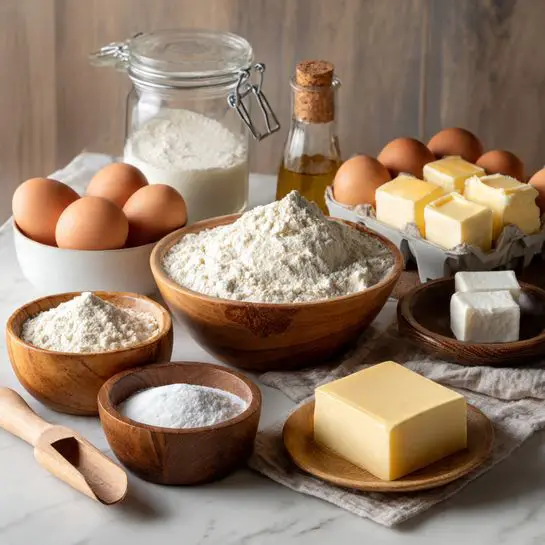 The image shows a wooden table with various baking ingredients arranged neatly. In the center, there is a large wooden bowl filled with white flour. To the front left, two smaller wooden bowls also contain white powdery ingredients, likely flour or sugar. To the front right, a wooden scoop holds a square piece of pale yellow butter. Behind the large bowl, a white bowl is filled with six cubes of butter. To the right, a carton of six brown eggs sits on a light cloth. Closer to the left are four brown eggs in a small carton, with one cracked egg among them. At the back, a clear glass jar with a metal clasp contains a white powder, and next to it is a small glass bottle with a cork lid holding a golden powder. A small wooden plate holds two white cube-shaped items in the center. The whole setup rests on a white marbled surface with a blurred wooden background. Photo taken with an iphone --ar 4:5 --v 7