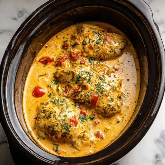 The image shows a slow cooker filled with three large pieces of light yellow chicken covered in a thick, creamy orange sauce with visible small chunks of red tomatoes and finely chopped green herbs sprinkled on top. The sauce has a smooth texture with some bits of vegetables and herbs spread evenly around the chicken. The slow cooker has a dark brown, glossy interior, and the creamy sauce almost fills the cooker up to the edge. The background has a white marbled texture. photo taken with an iphone --ar 4:5 --v 7