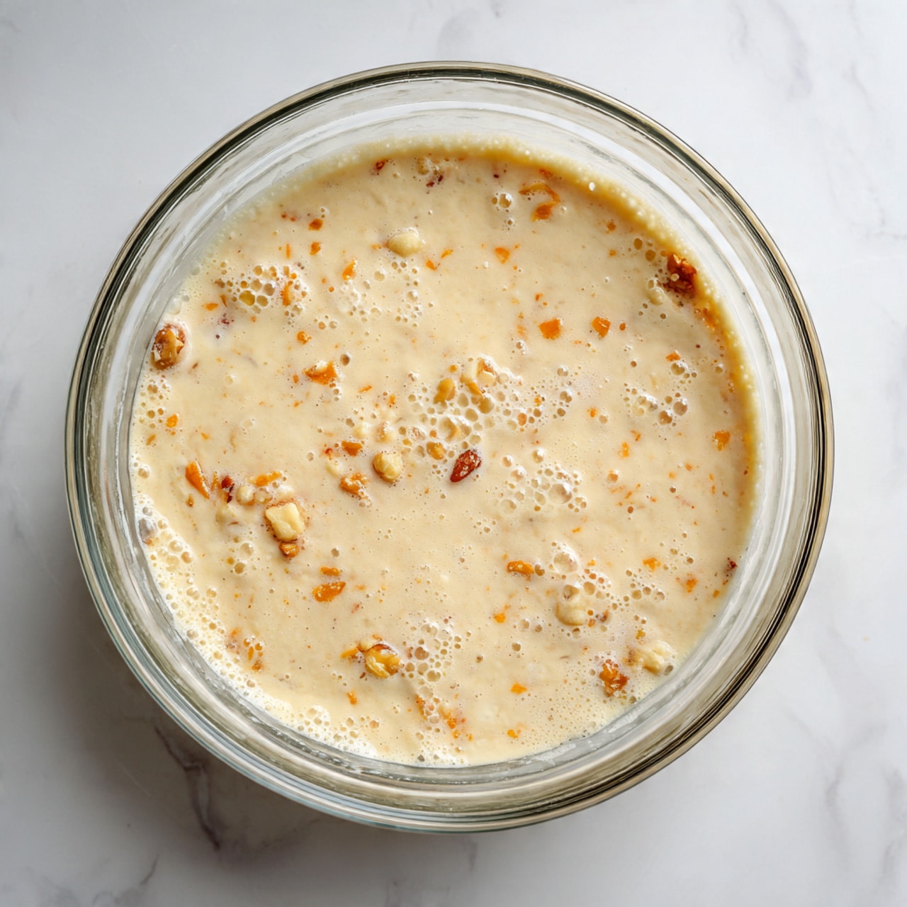 A clear glass bowl holds a creamy beige batter with small bits of orange and light brown mixed throughout, creating a slightly speckled texture. The batter appears smooth and thick with some tiny bubbles on the surface. The bowl is set on a white marbled surface, giving a clean and bright look to the scene. photo taken with an iphone --ar 4:5 --v 7