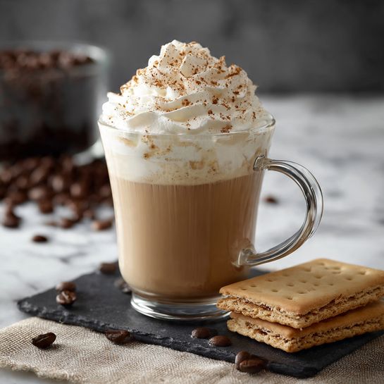 A clear glass cup filled with a light brown creamy drink forms the base layer, topped generously with a thick, fluffy layer of white whipped cream sprinkled lightly with cinnamon powder. The glass has a silver handle and sits on a dark slate coaster, with a few scattered coffee beans around it. To the right of the glass, two pale rectangular biscuits with visible small holes are placed. The background shows a blurred coffee setup with coffee beans spread on a rough beige cloth over a white marbled surface. photo taken with an iphone --ar 4:5 --v 7