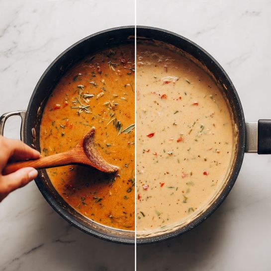 The image shows two black pans side by side on a white marbled surface. The left pan contains a thin, orange-brown liquid soup with herbs and small vegetable pieces floating. A woman's hand is holding a wooden spoon stirring the soup, which has a shiny surface with visible herbs. The right pan shows a thick, creamy soup that is light beige in color with visible small red vegetable pieces and herbs mixed evenly. The soup has a smooth, rich texture with the same wooden spoon resting inside. photo taken with an iphone --ar 4:5 --v 7